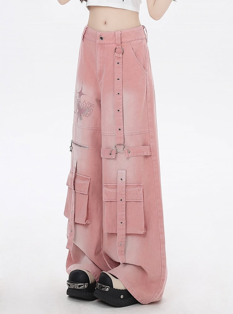 Pink Butterfly Print Strap Details Vintage Wide-Leg Cargo Jeans
