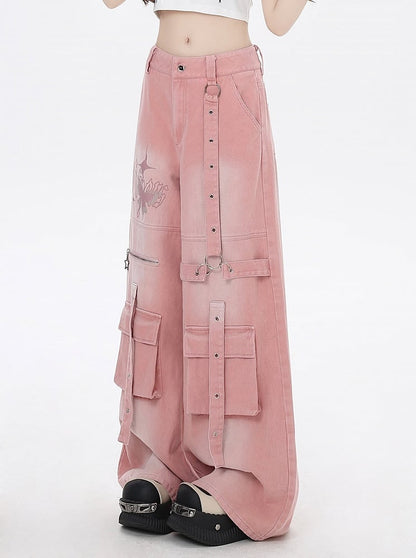 Pink Butterfly Print Strap Details Vintage Wide-Leg Cargo Jeans
