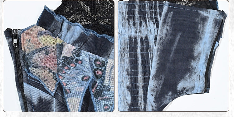 Grunge Punk Rock Fairy Style Blue Lace Cowl Neckline Boned Corset Tie Dye Cami Top