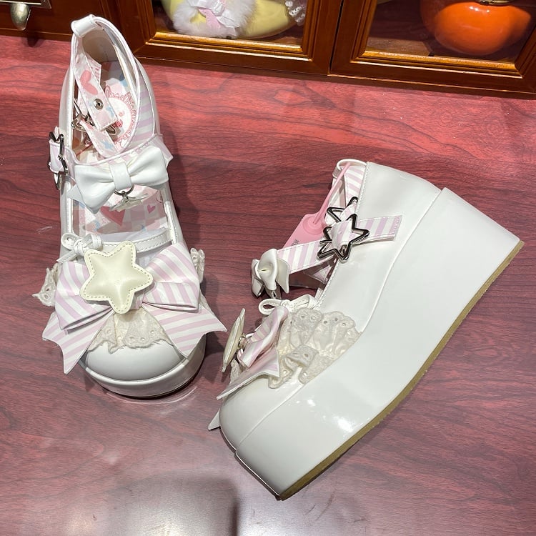 White Striped Pattern Bowknot Details Star Buckle Straps Lolita Platforms