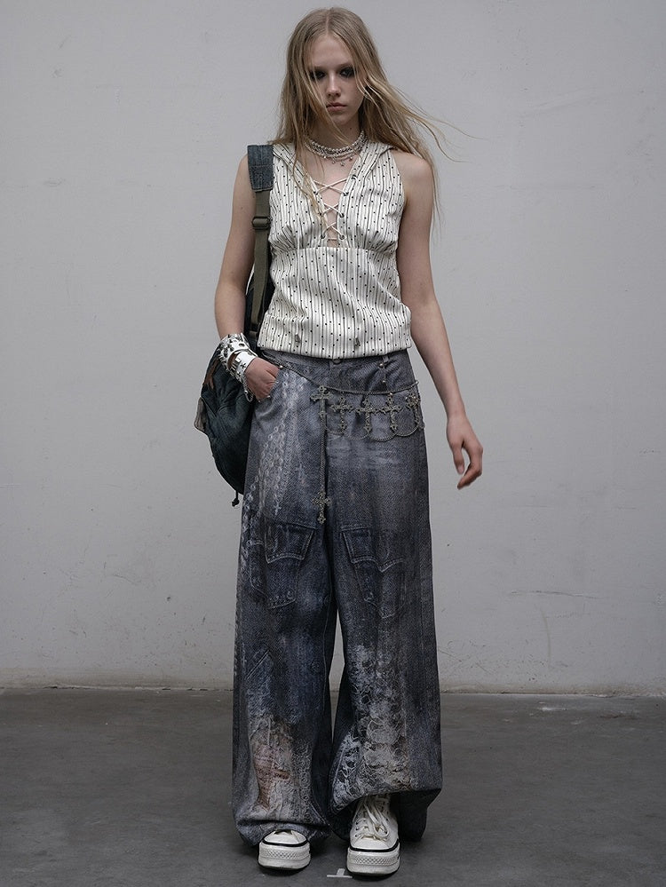 Blue Wasteland Punk Chain Print Lace Details Wide-leg Cut Jeans