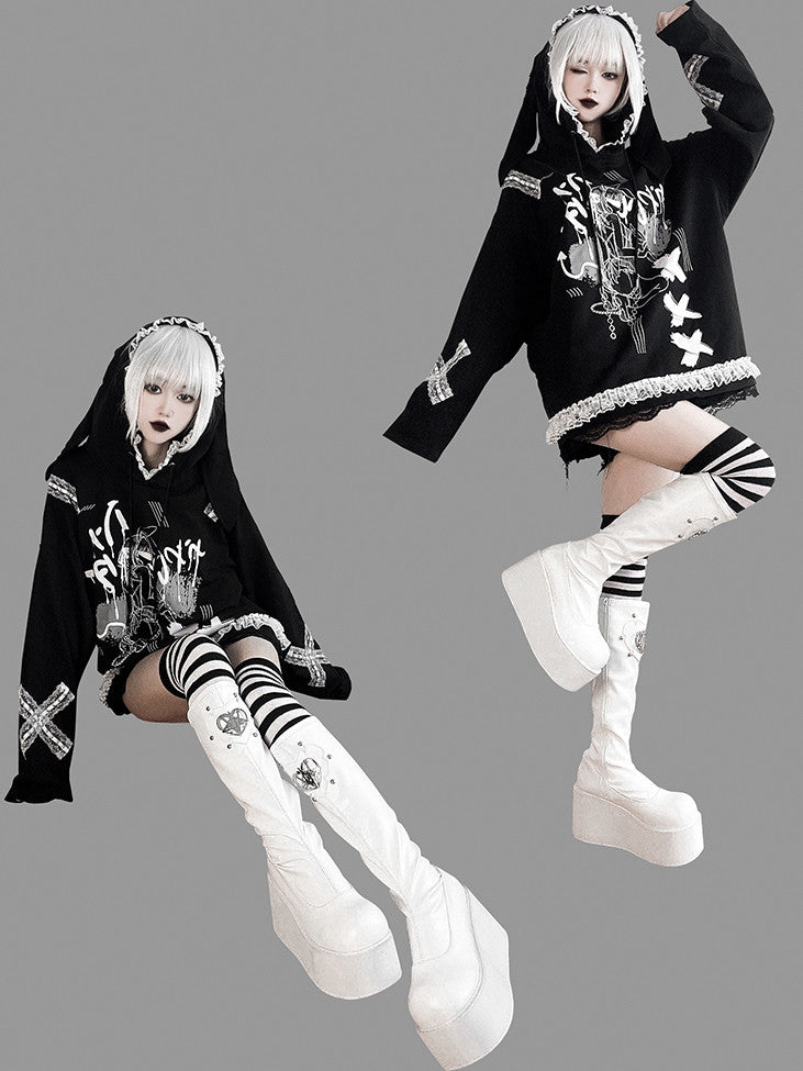 Heart Design Silver-tone Studs White Punk Boots