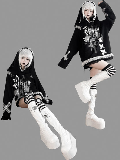 Heart Design Silver-tone Studs White Punk Boots