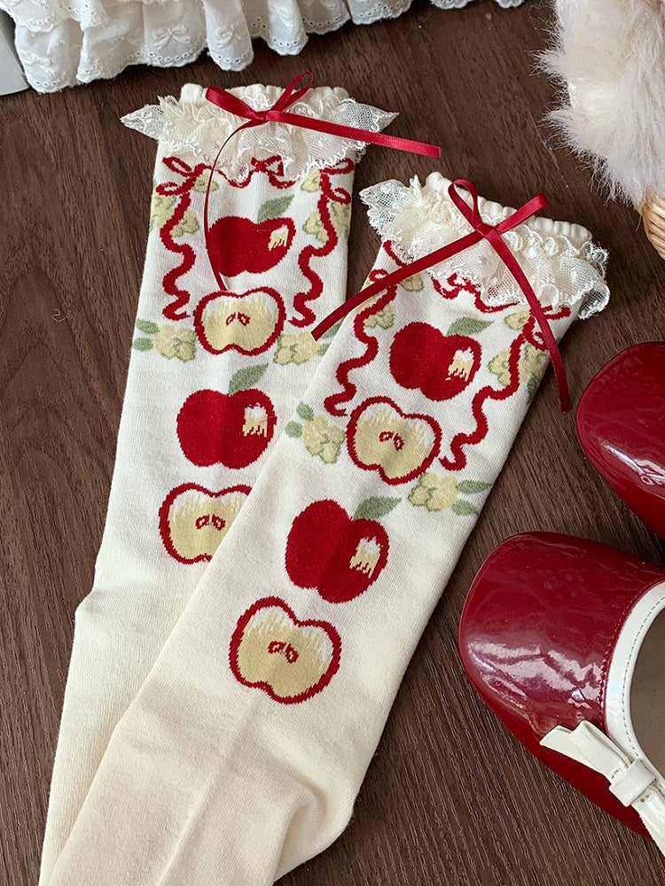 Green/Red Apple Print Lace Trim Sweet Lolita Calf Socks