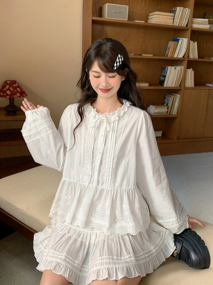 Self-tie Ruffle Neckline White Pleating Details Lace Hem Blouse