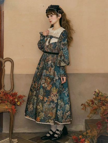 Green & Blue Floral Print Long-Sleeve Elegant Classic Lolita Dress with Waist Belt