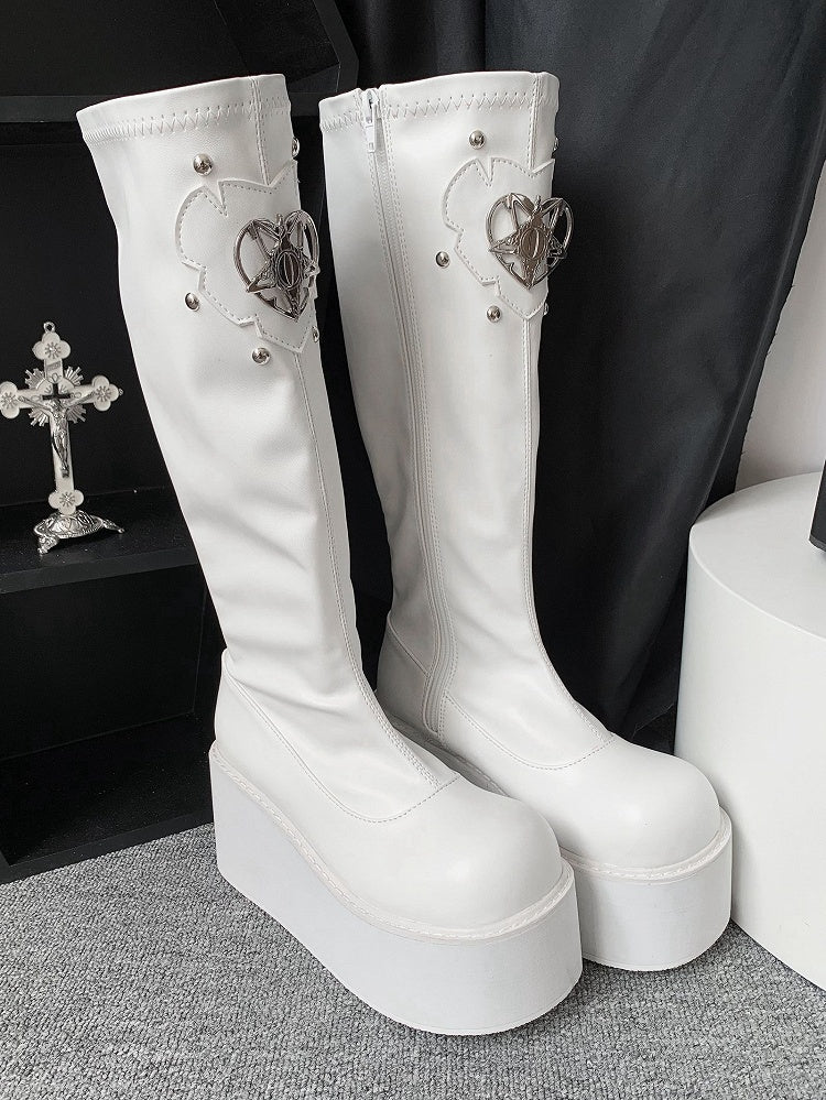 Heart Design Silver-tone Studs White Punk Boots