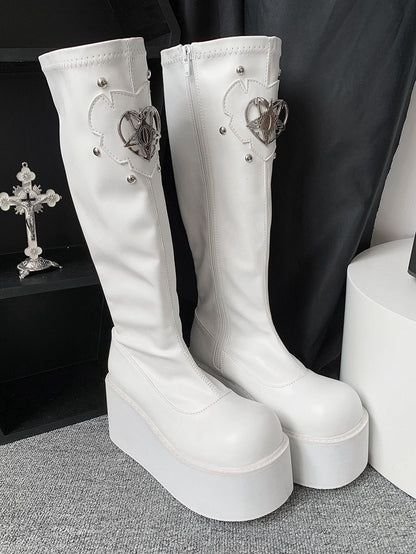 Heart Design Silver-tone Studs White Punk Boots