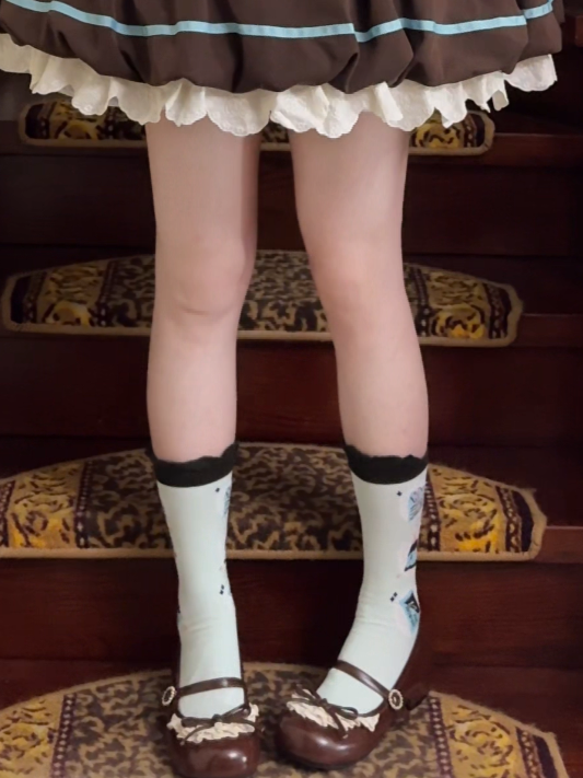 Mint Green Chocolate Cake Jelly Print Lolita Calf Socks