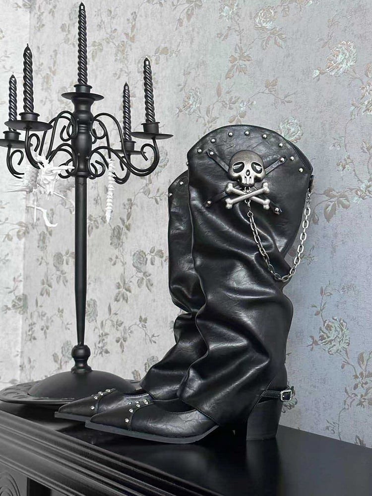Black Pointed Toe Gothic Block Heels with Skeleton Decorated Leg Warmers