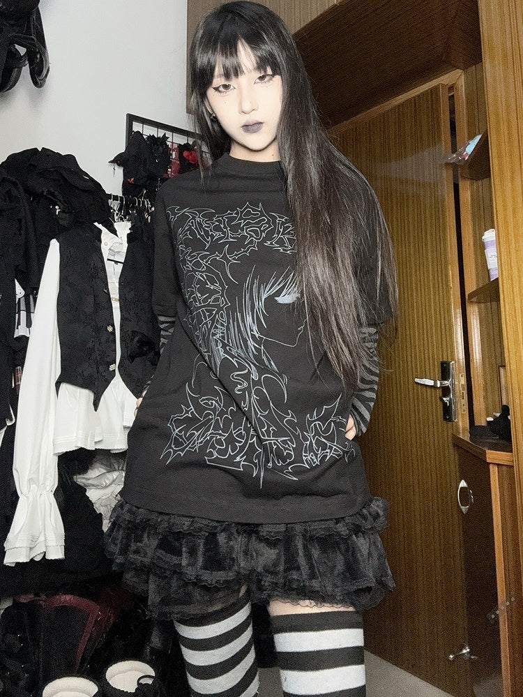 Black Emo Punk Girl Print Striped Sleeves Graphic T-shirt