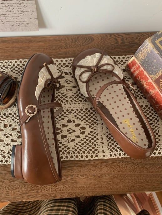 Dark Brown Knotted Bow Accent Lace Trim 2.2CM Heels Round Toe Mary Janes