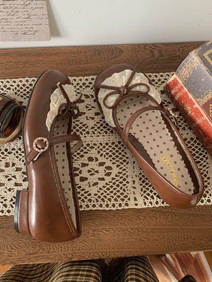 Dark Brown Knotted Bow Accent Lace Trim 2.2CM Heels Round Toe Mary Janes