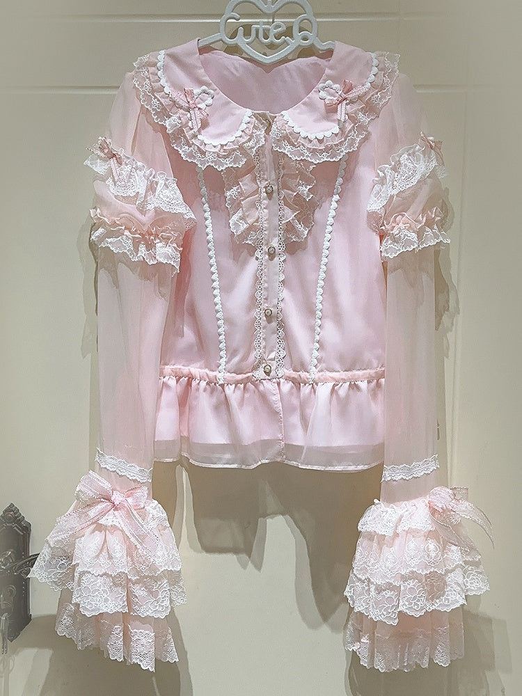 Sweet Pink Short Sleeves Blouse with Detachable Sleeves