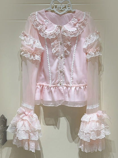 Sweet Pink Short Sleeves Blouse with Detachable Sleeves