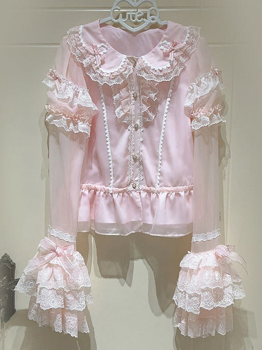 Sweet Pink Short Sleeves Blouse with Detachable Sleeves