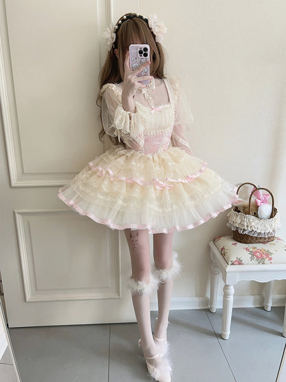 Pink Bows Print Basque Waist Balletcore Lolita Jumper Skirt
