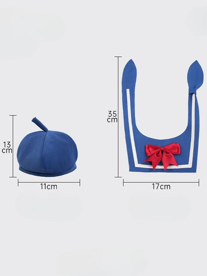 Blue Bowknot Decorated Sailor Collar + Blue Hat Middle/Large Size