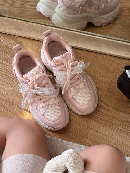 Pink Beaded Decorated Bowknot Details Front Lace-up Ties Sneakers