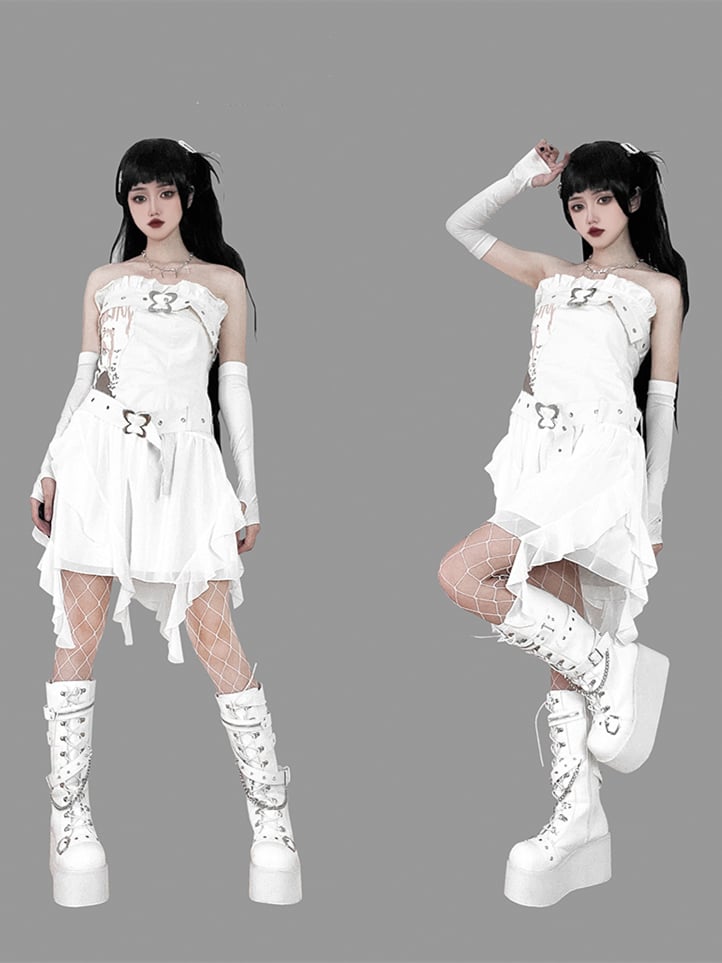 Studs Chains Metal Punk Matte White Platform Boots