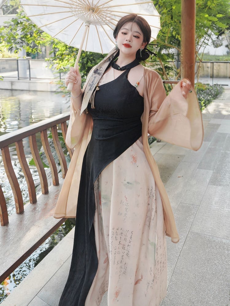 Plus Size Black and White Sleeveless Qipao Dress Side Slit