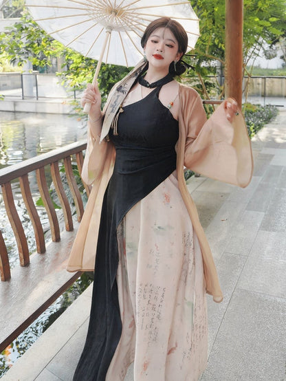 Plus Size Black and White Sleeveless Qipao Dress Side Slit