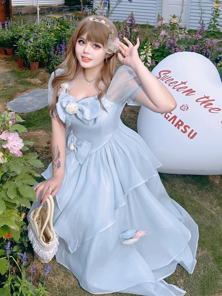 Plus Size Bowknot Details Light Blue Puff Sleeves Princess Dress Long Version