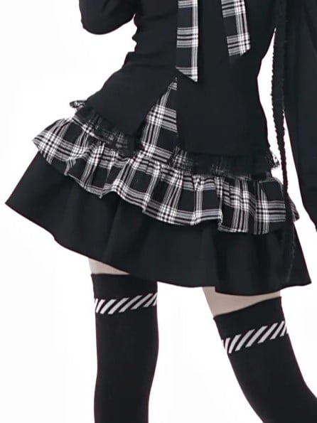 Black Plaid Tiered Skirt with Lace Trim