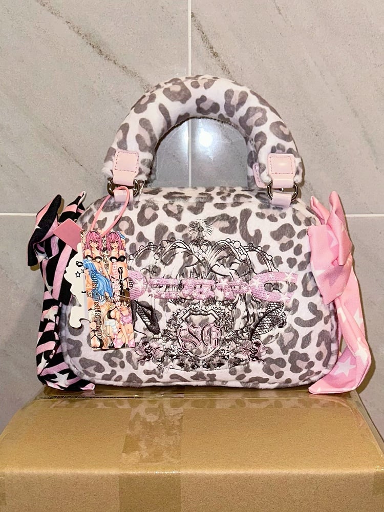 Gyaru Fashion Leopard Pattern Tote Bag with Big Bows