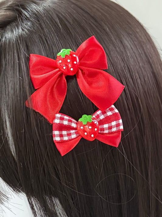 2 Red Strawberry Decorated Bowknot Hairclips Set