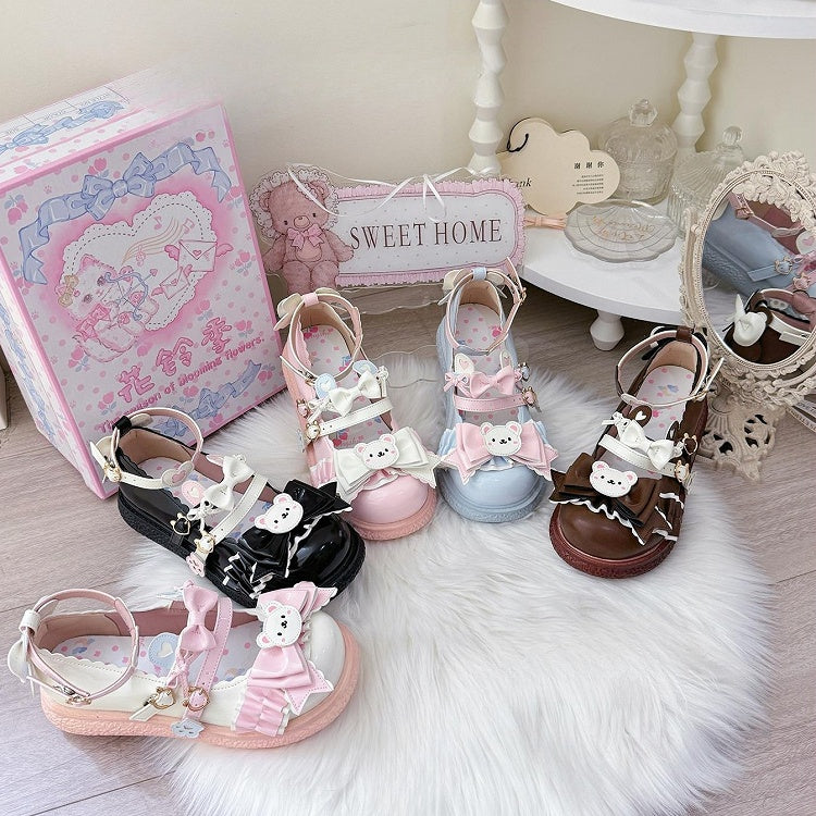 Sweet Blue Flat Shoes for Lolita Style with PU 3cm Flat, Teddy Motifs & Heart Decor