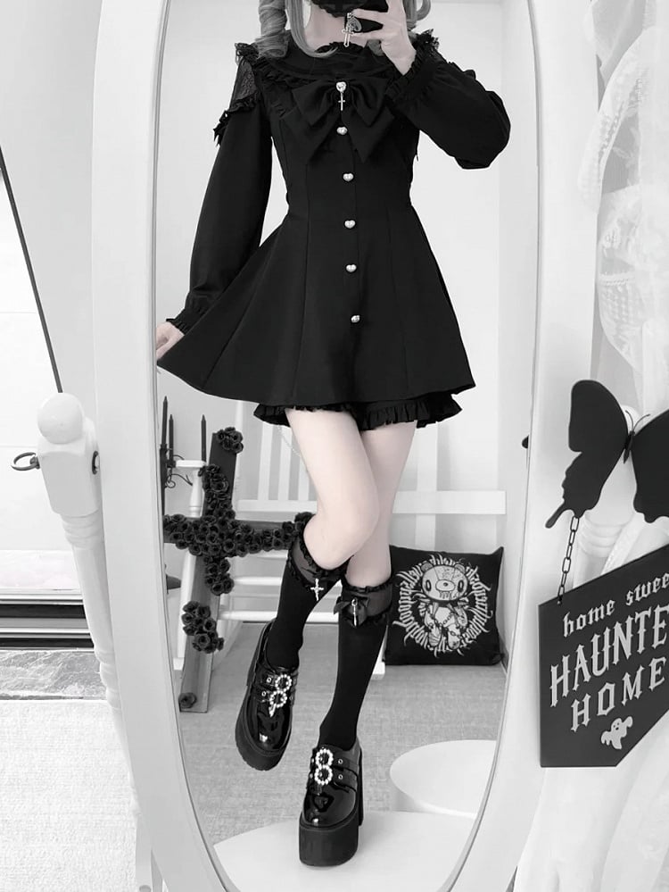 Black Jirai Kei Set - Sailer Collar Sweetheart Buttons Long Sleeves Top + Shorts + Bow Tie