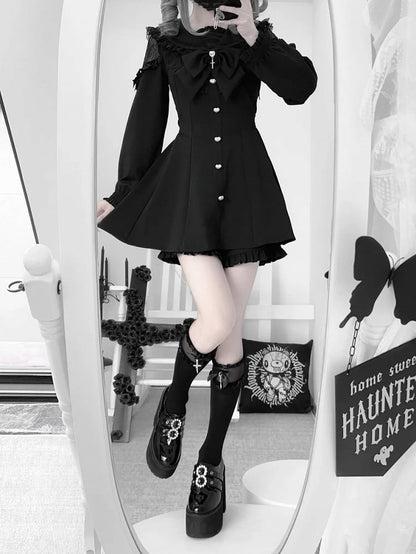 Black Jirai Kei Set - Sailer Collar Sweetheart Buttons Long Sleeves Top + Shorts + Bow Tie