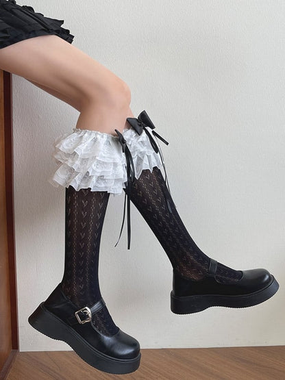 White/Black Bowknot Heart Print Lace Ruffle Trims Underknee Stockings