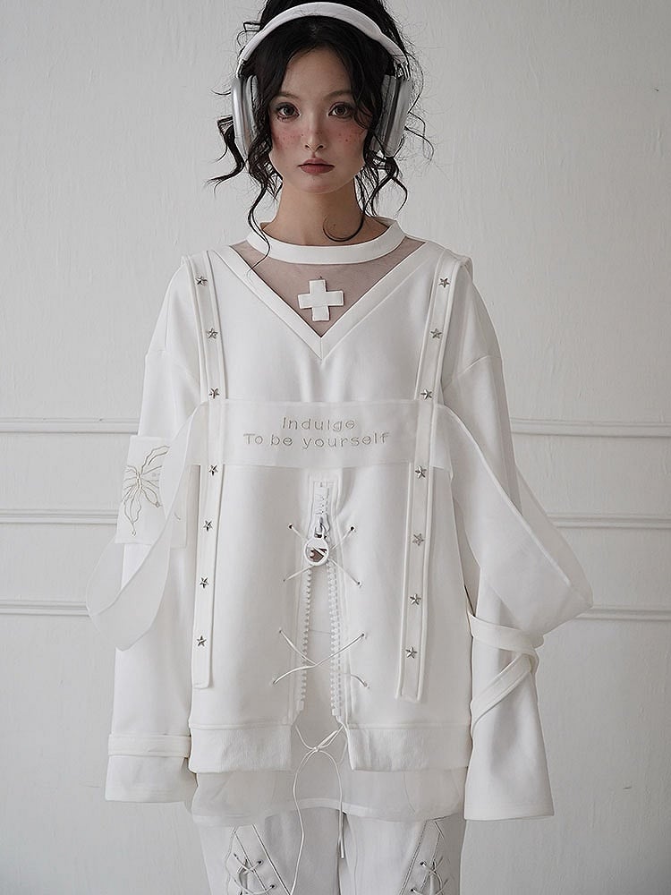 Zip Design White Butterfly Embroidered Chic Sweat Shirt with Star-shaped Studs