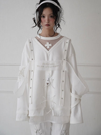 Zip Design White Butterfly Embroidered Chic Sweat Shirt with Star-shaped Studs