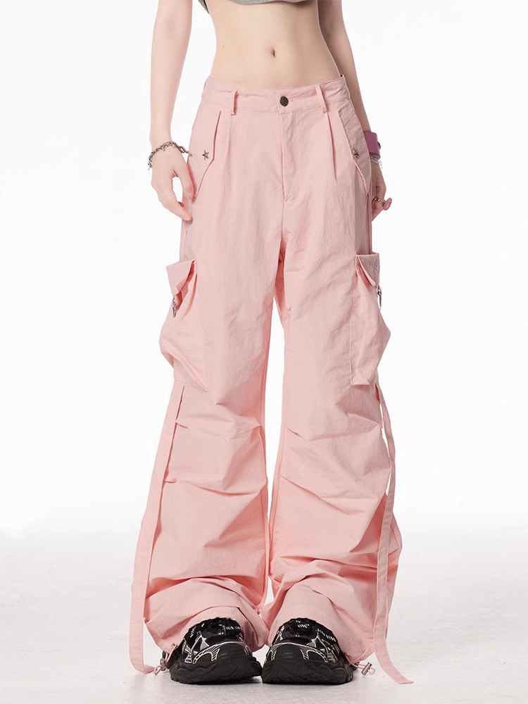 Pink Low Waist Cargo Pockets Wide-leg Pants