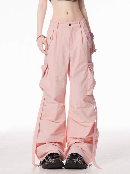Pink Low Waist Cargo Pockets Wide-leg Pants