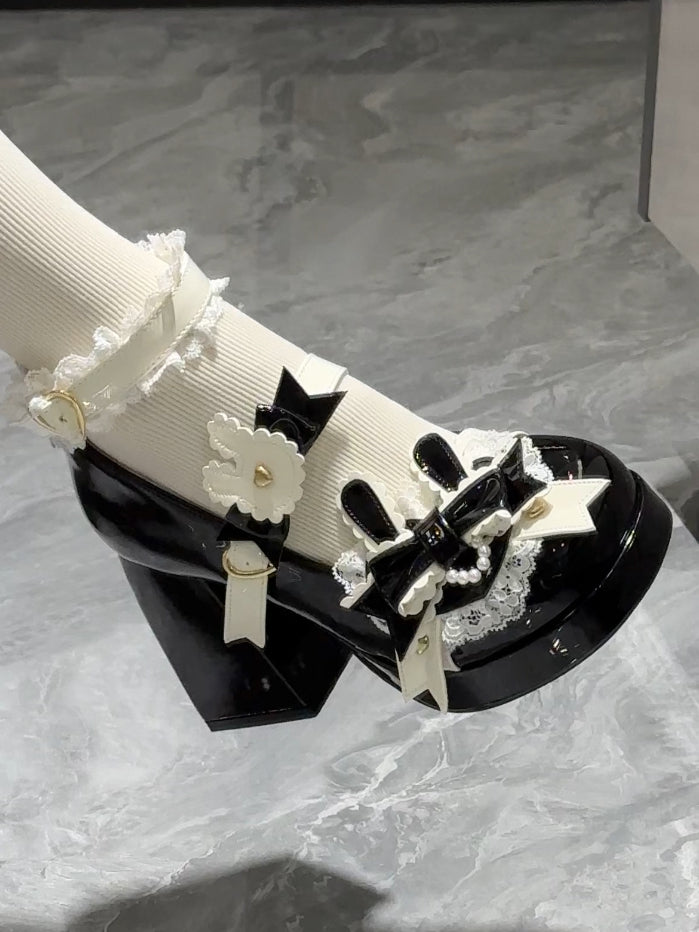 Polished Black Sweet Lolita Bunny Decorated Bowknot Details Lace Trim Platform High Block Heels