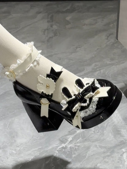 Polished Black Sweet Lolita Bunny Decorated Bowknot Details Lace Trim Platform High Block Heels
