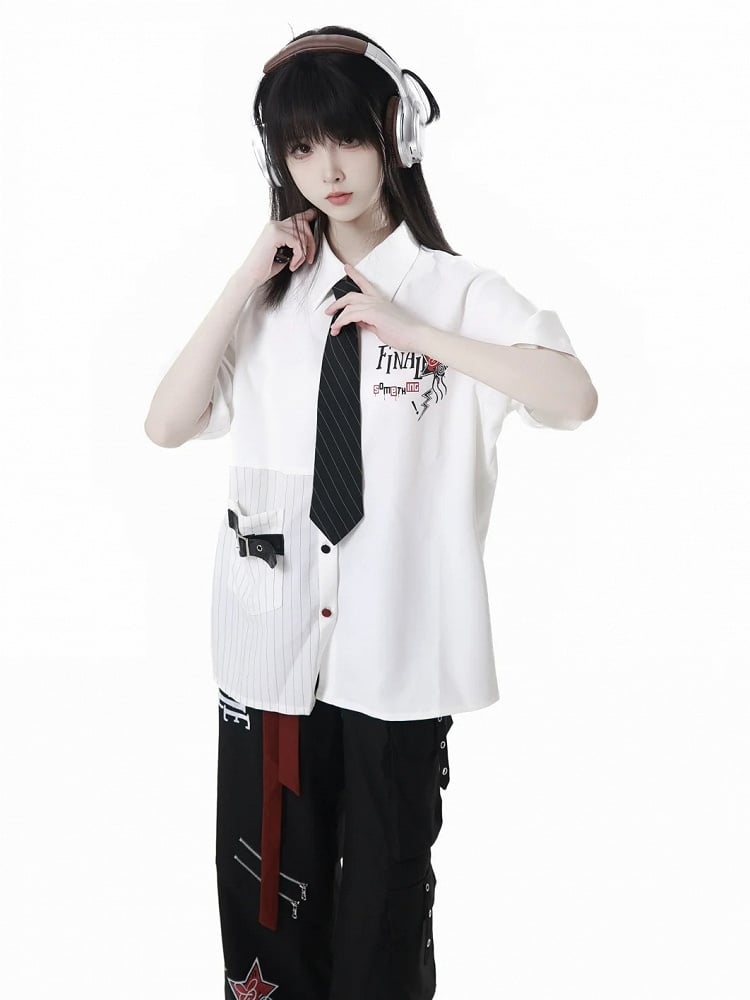 Contrast Red and Black Buttons Leather Buckle Strap White Short Sleeves Shirt Long/Short Version