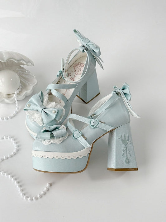 Blue Lolita Lace Bowknot Buckle Straps Fork Embroidery Platform Block High Heels