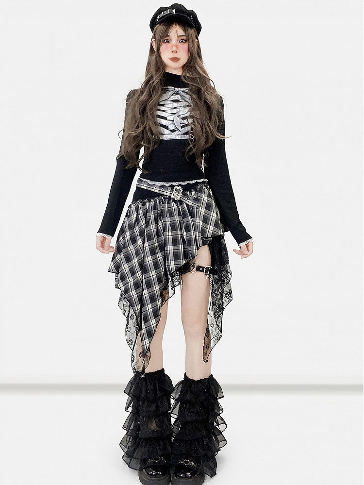 Black Y2K Bittersweet Print Design Lace Trim Mock Neck Top