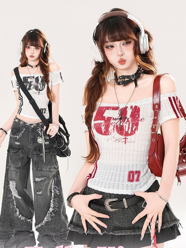 Red/Black Number Print Off-the-shoulder Neckline Slim-fitting T-shirt