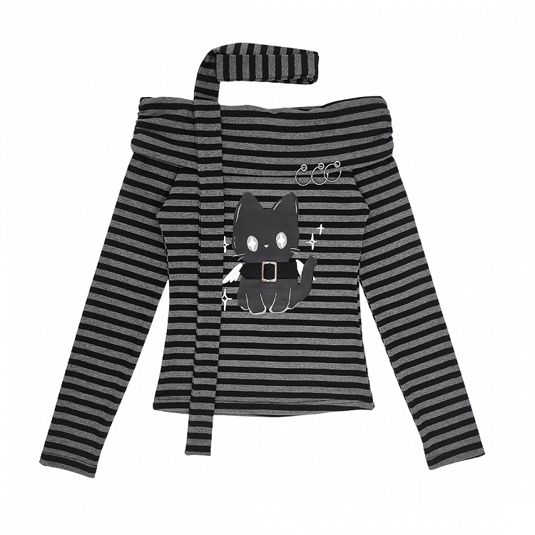 Bittersweet Kitten Print Off-the-shoulder Neckline Black and Gray Striped Top with Scarf