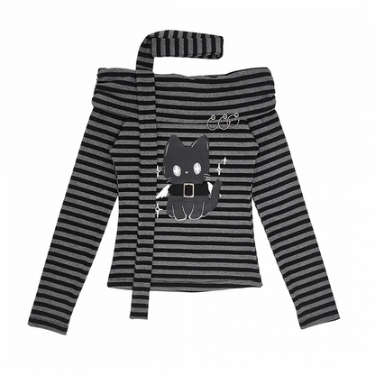 Bittersweet Kitten Print Off-the-shoulder Neckline Black and Gray Striped Top with Scarf