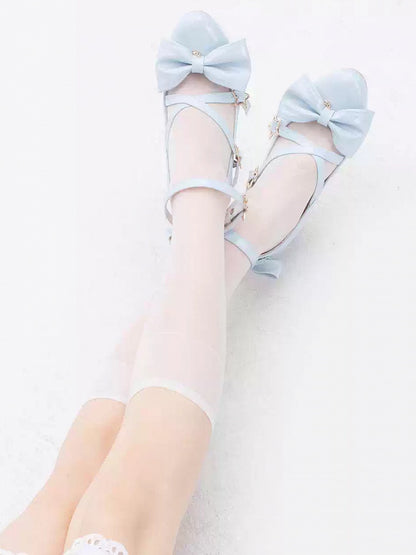 Blue Bow at Top Star Buckle Straps High Heels