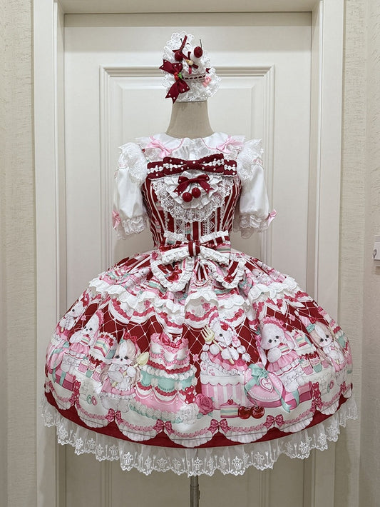 Bunny and Cherry Print Red Sweet Lolita Dress Jumper Skirt