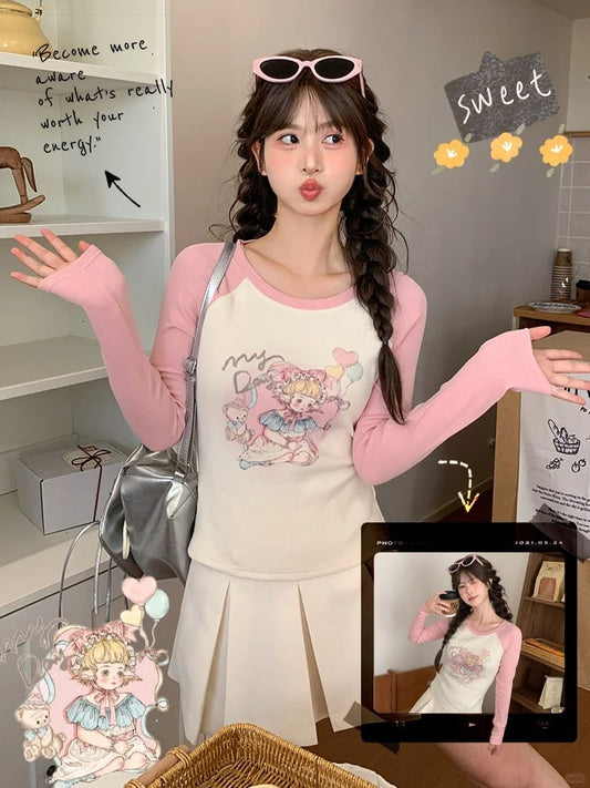 Cartoon Girl Print Apricot and Pink Colorblock Design Slim-fitting Top