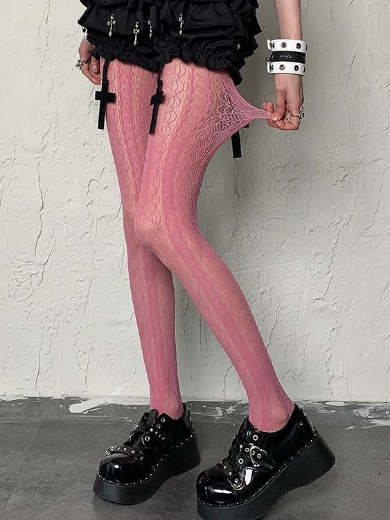Rose Pink Striped Hollow-out Design Y2K Tights